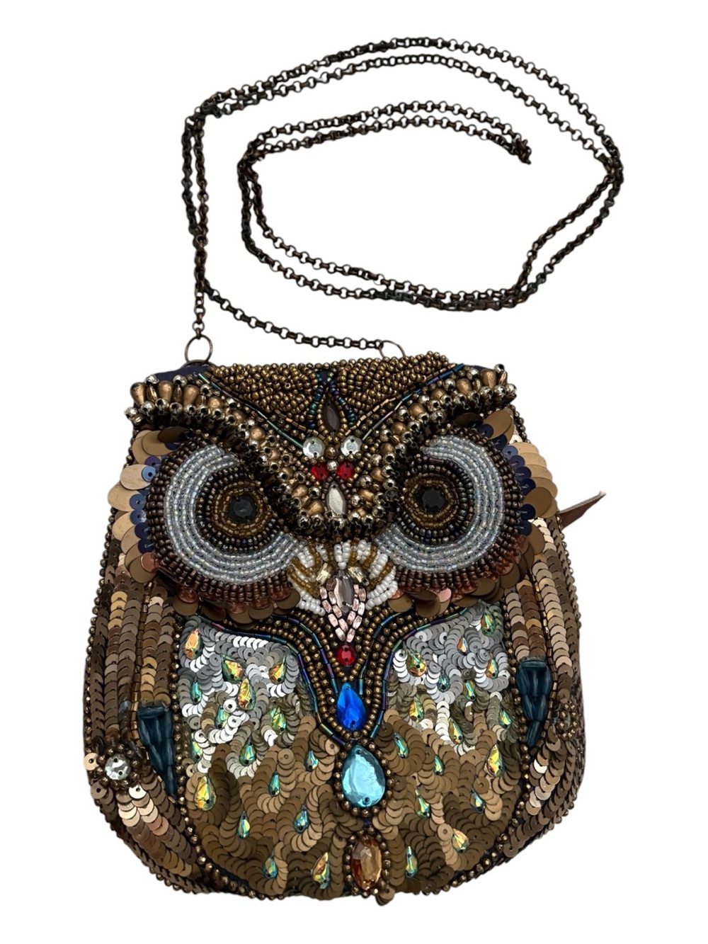 Owl Beaded Crossbody Bag Sequins
Stones Pearls Zip Pocket Brown Tan Small Boho